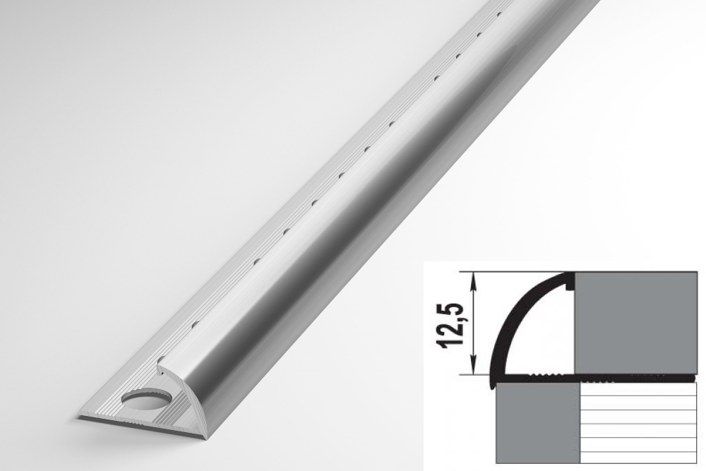 ПК 13.2700.01л Профиль 1/4 круга для плитки до 12,5 мм, алюминий анодир цвет серебро, длина 2700 мм